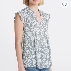 Gray Ruffled Blouse with V-Neck and Cap Sleeves